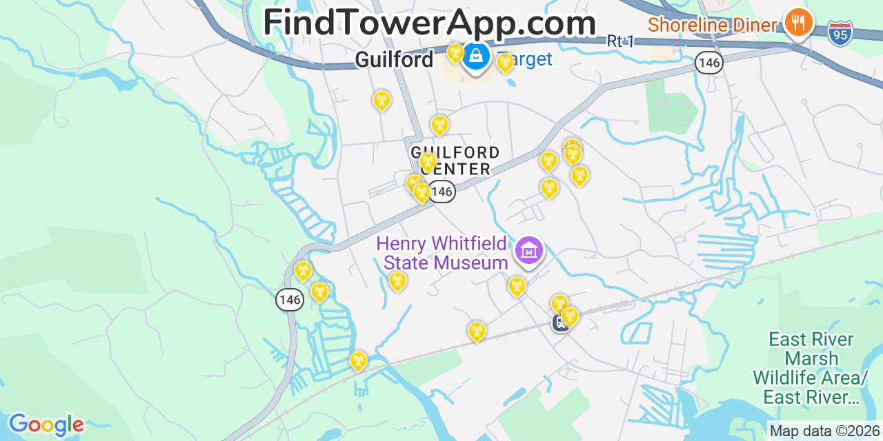 Map showing the 20 primary cell tower locations detected in Guilford, Connecticut from AT&T, Verizon, and T-Mobile networks