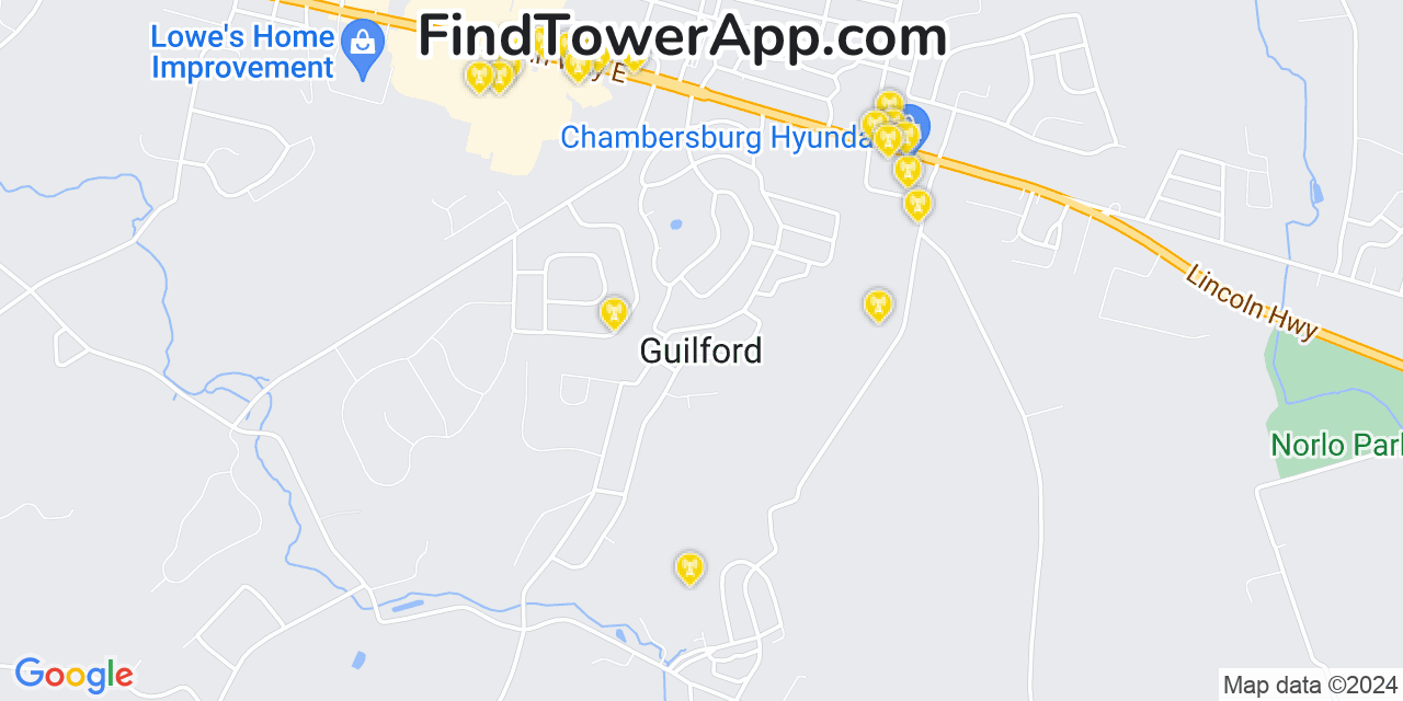 AT&T 4G/5G cell tower coverage map Guilford, Pennsylvania