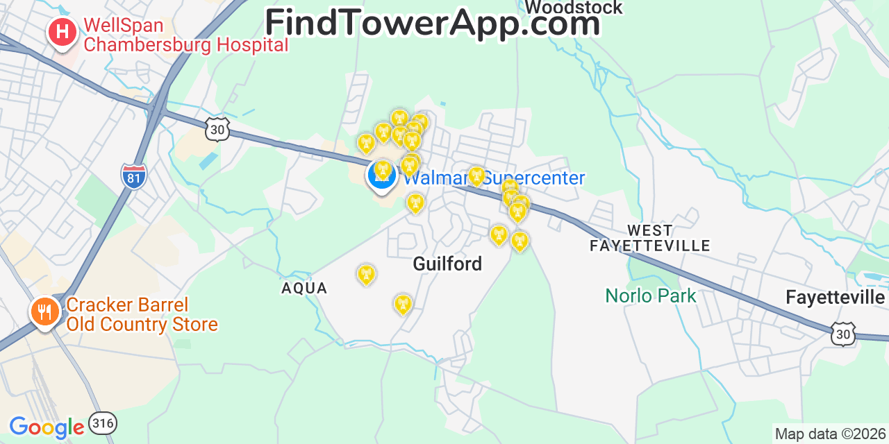 Map showing the 20 primary cell tower locations detected in Guilford, Pennsylvania from AT&T, Verizon, and T-Mobile networks