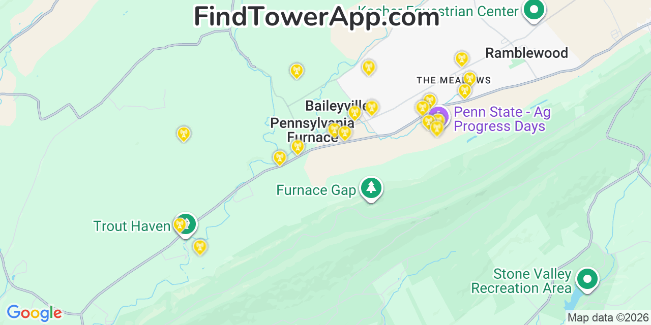 Map showing the 20 primary cell tower locations detected in Guilford Siding, Pennsylvania from AT&T, Verizon, and T-Mobile networks