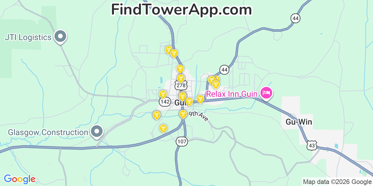Map showing the 20 primary cell tower locations detected in Guin, Alabama from AT&T, Verizon, and T-Mobile networks