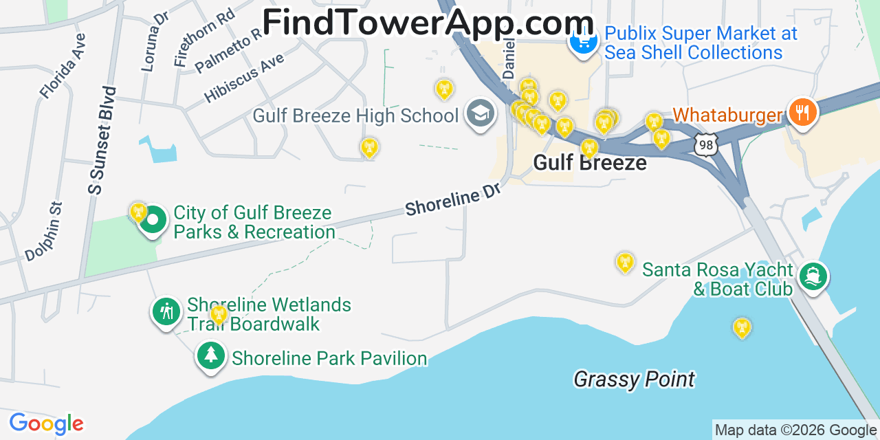 Map showing the 20 primary cell tower locations detected in Gulf Breeze, Florida from AT&T, Verizon, and T-Mobile networks