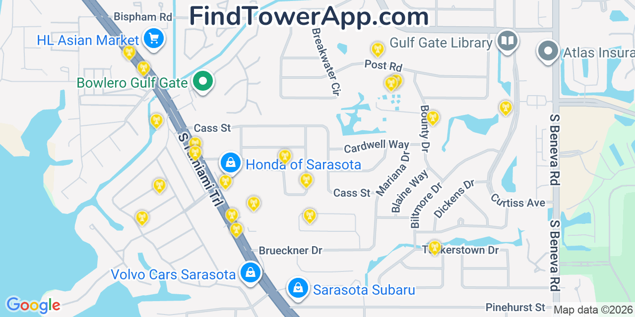 Map showing the 20 primary cell tower locations detected in Gulf Gate Estates, Florida from AT&T, Verizon, and T-Mobile networks