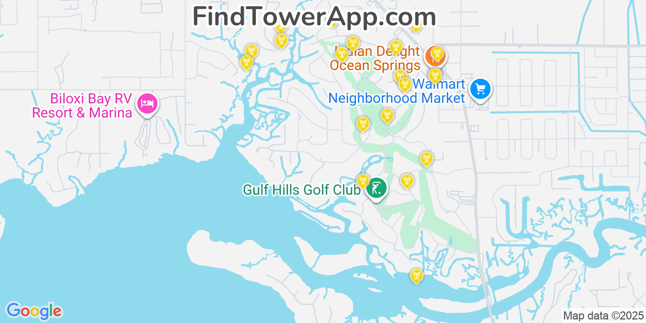Map showing the 20 primary cell tower locations detected in Gulf Hills, Mississippi from AT&T, Verizon, and T-Mobile networks