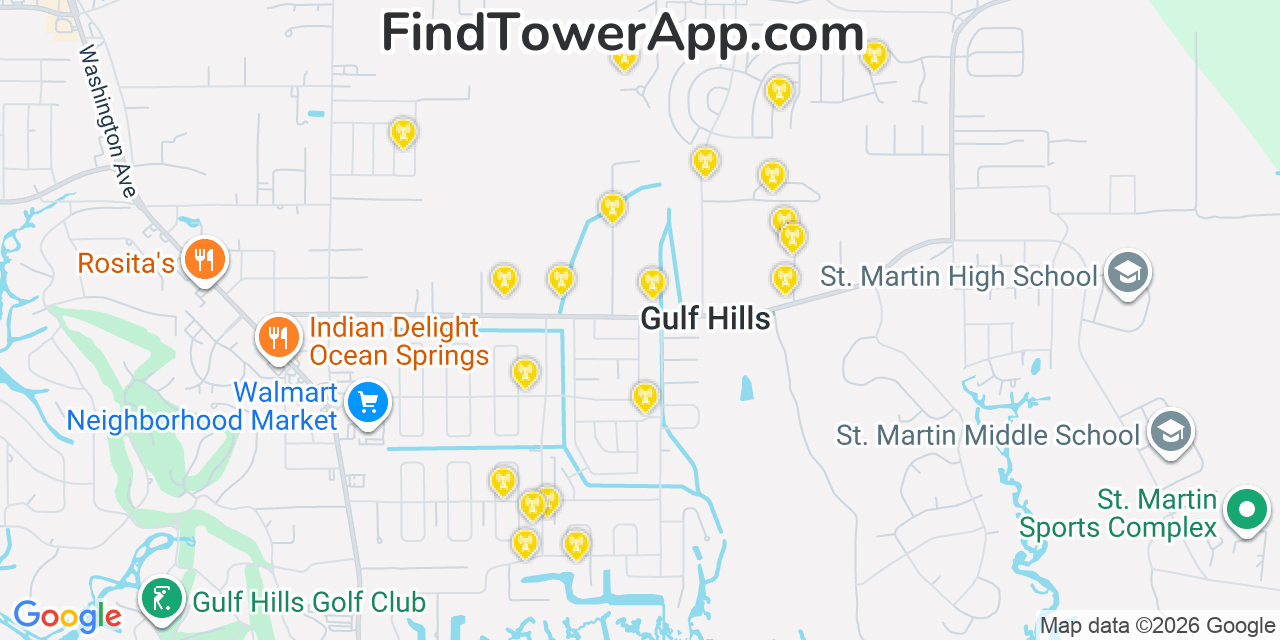 Map showing the 20 primary cell tower locations detected in Gulf Hills, Mississippi from AT&T, Verizon, and T-Mobile networks