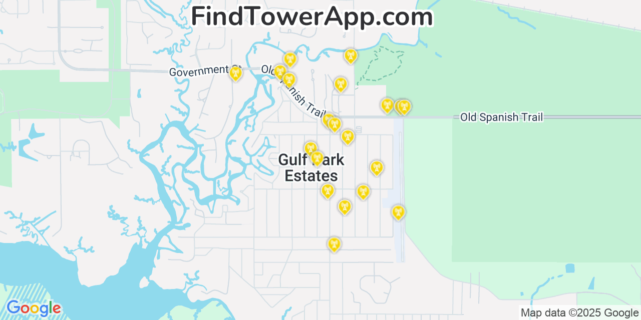 Map showing the 20 primary cell tower locations detected in Gulf Park Estates, Mississippi from AT&T, Verizon, and T-Mobile networks