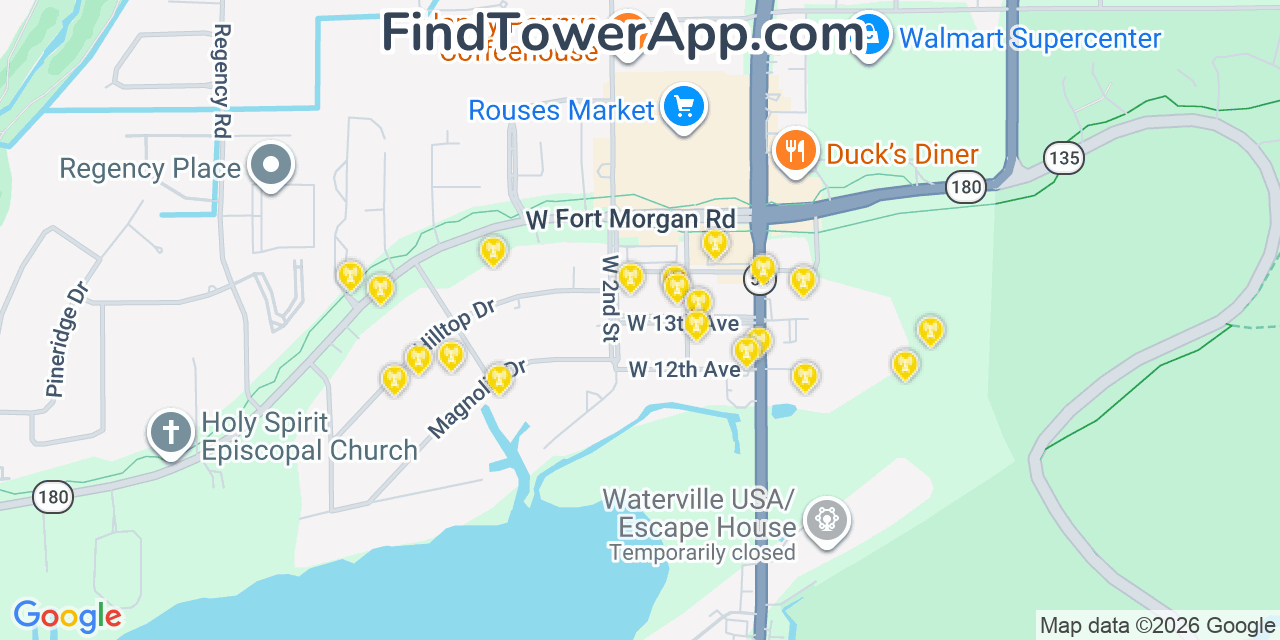 Map showing the 20 primary cell tower locations detected in Gulf Shores, Alabama from AT&T, Verizon, and T-Mobile networks