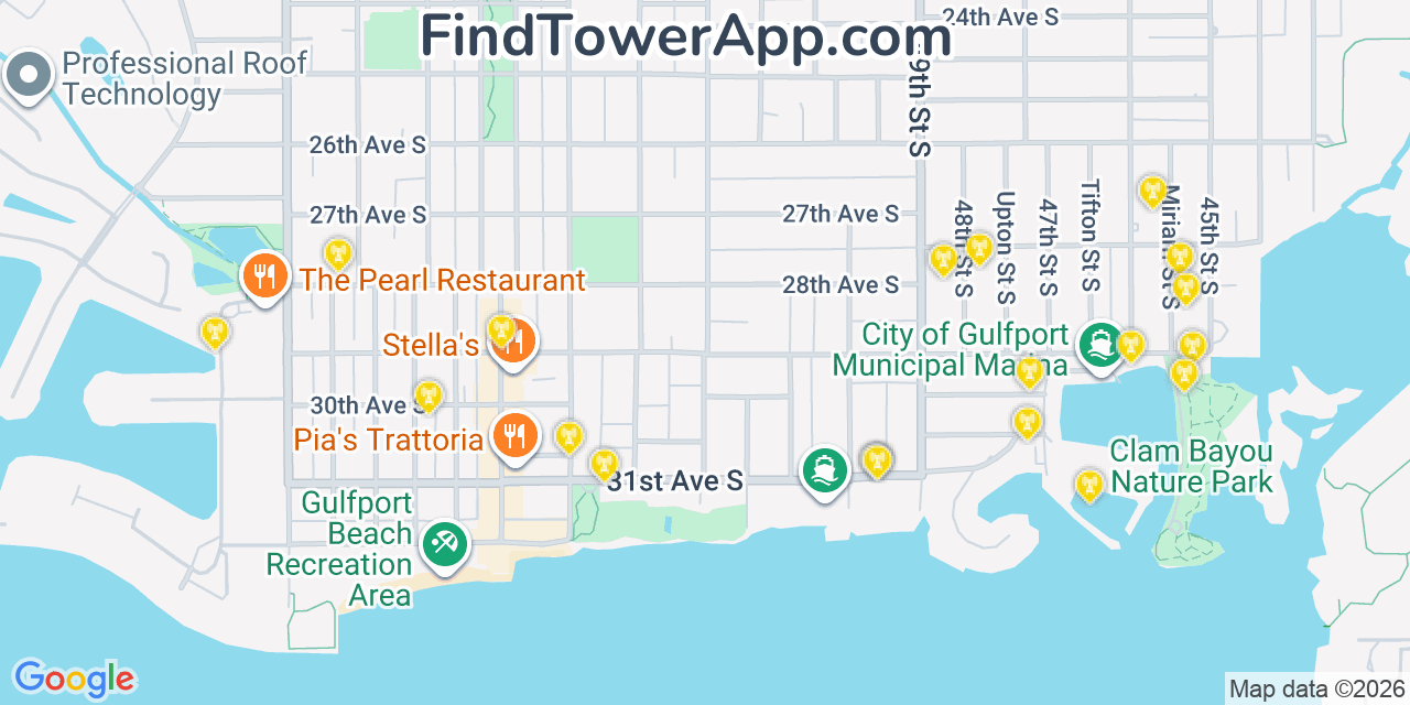 Map showing the 20 primary cell tower locations detected in Gulfport, Florida from AT&T, Verizon, and T-Mobile networks