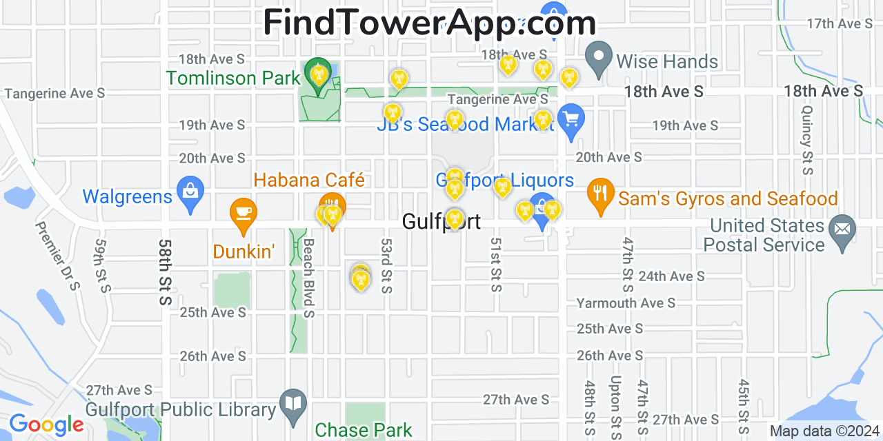 Verizon 4G/5G cell tower coverage map Gulfport, Florida