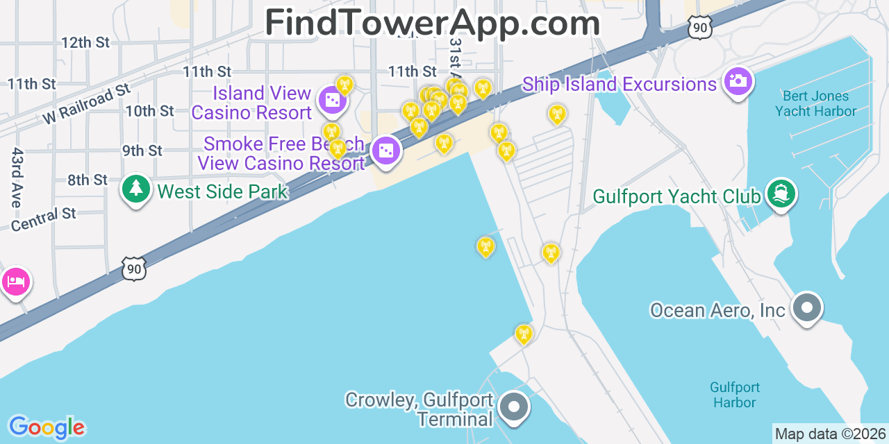 Map showing the 20 primary cell tower locations detected in Gulfport, Mississippi from AT&T, Verizon, and T-Mobile networks