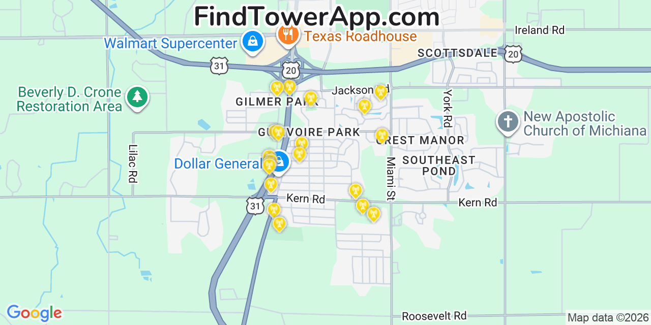 Map showing the 20 primary cell tower locations detected in Gulivoire Park, Indiana from AT&T, Verizon, and T-Mobile networks