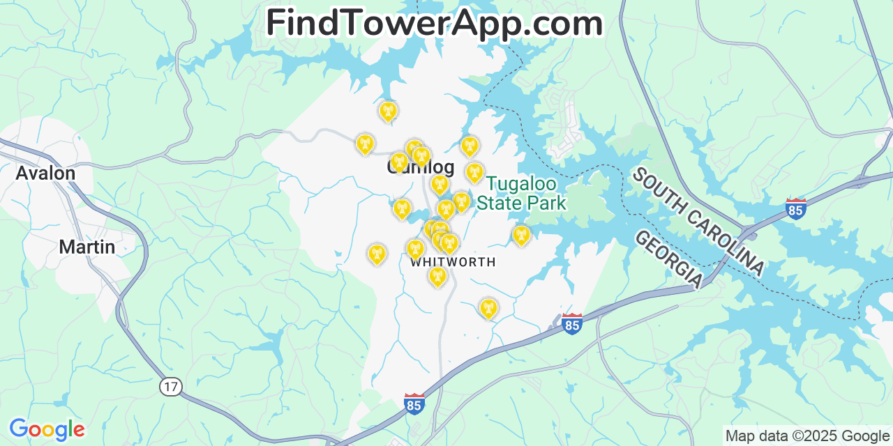 Map showing the 20 primary cell tower locations detected in Gumlog, Georgia from AT&T, Verizon, and T-Mobile networks
