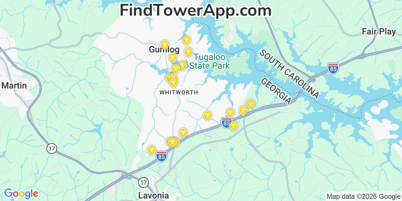 Map showing the 20 primary cell tower locations detected in Gumlog, Georgia from AT&T, Verizon, and T-Mobile networks