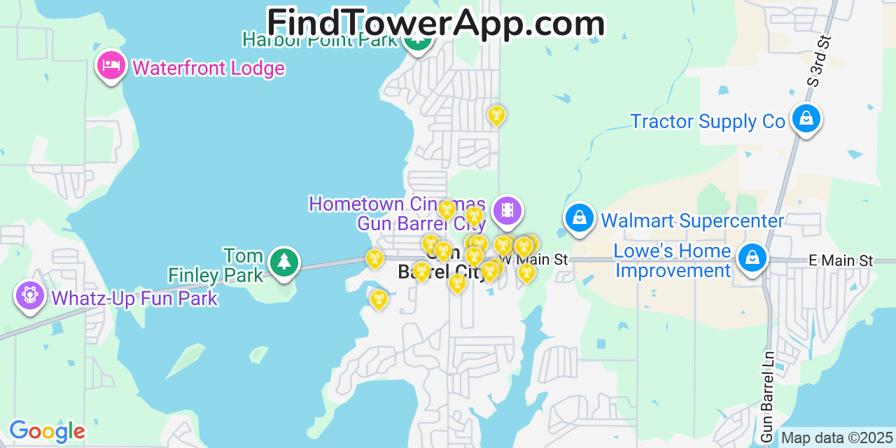 Map showing the 20 primary cell tower locations detected in Gun Barrel City, Texas from AT&T, Verizon, and T-Mobile networks