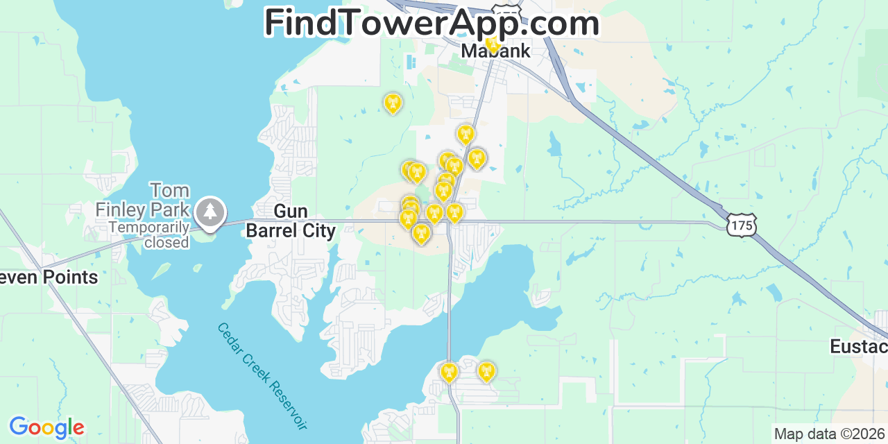Map showing the 20 primary cell tower locations detected in Gun Barrel City, Texas from AT&T, Verizon, and T-Mobile networks