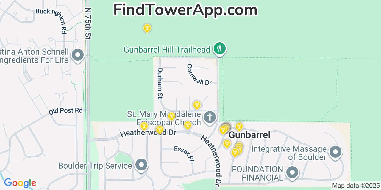 Map showing the 20 primary cell tower locations detected in Gunbarrel, Colorado from AT&T, Verizon, and T-Mobile networks