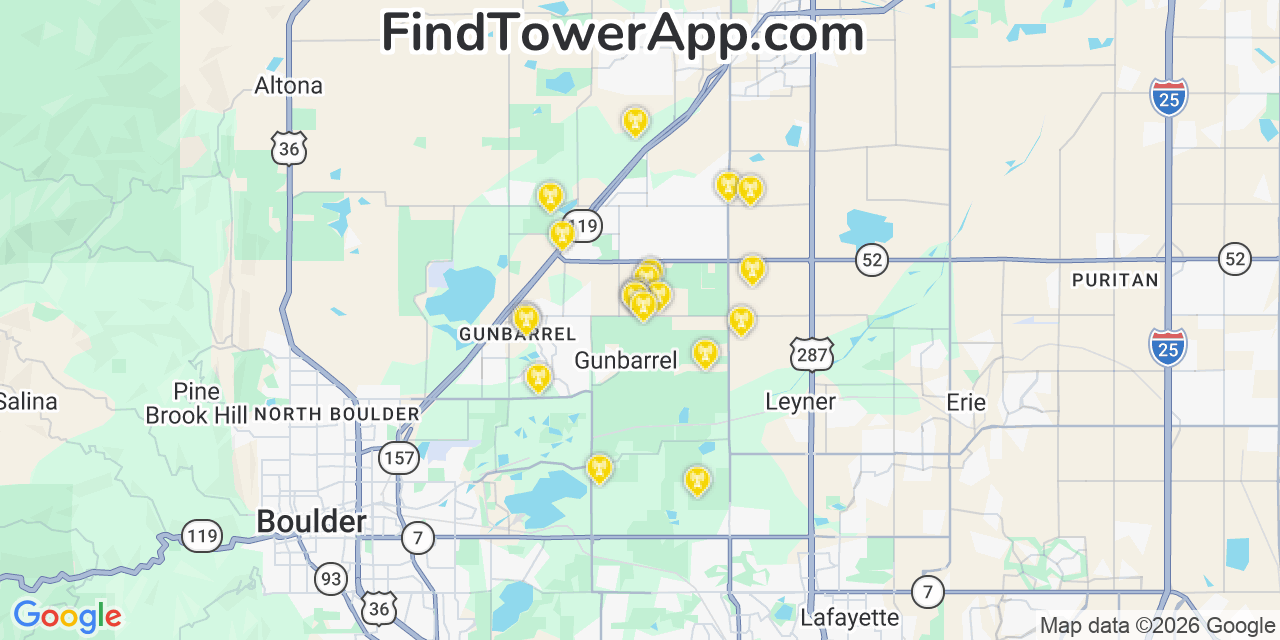 Map showing the 20 primary cell tower locations detected in Gunbarrel, Colorado from AT&T, Verizon, and T-Mobile networks