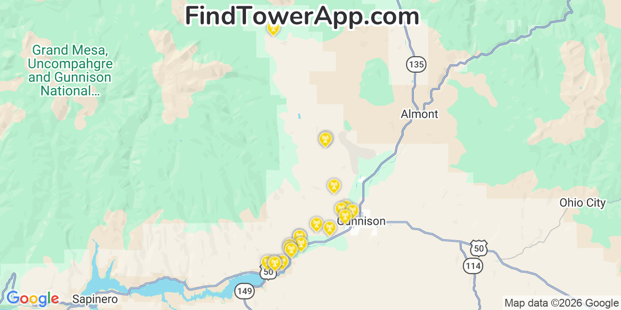 Map showing the 20 primary cell tower locations detected in Gunnison, Colorado from AT&T, Verizon, and T-Mobile networks