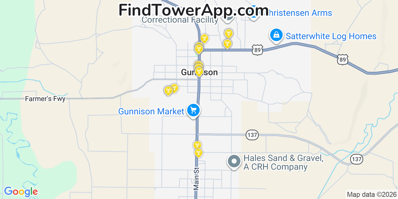Map showing the 20 primary cell tower locations detected in Gunnison, Utah from AT&T, Verizon, and T-Mobile networks