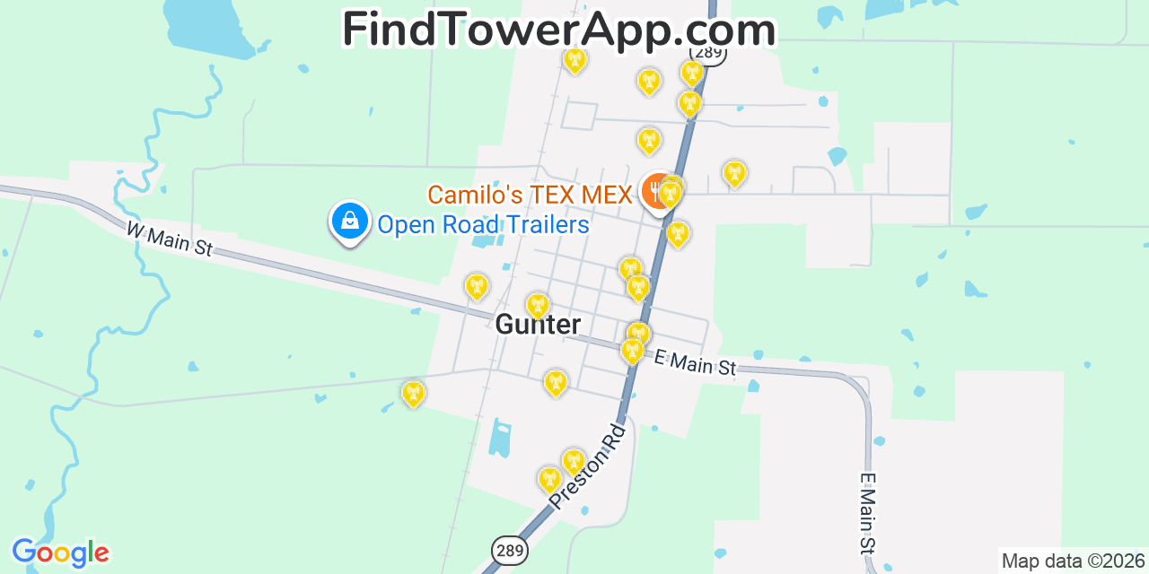 Map showing the 20 primary cell tower locations detected in Gunter, Texas from AT&T, Verizon, and T-Mobile networks