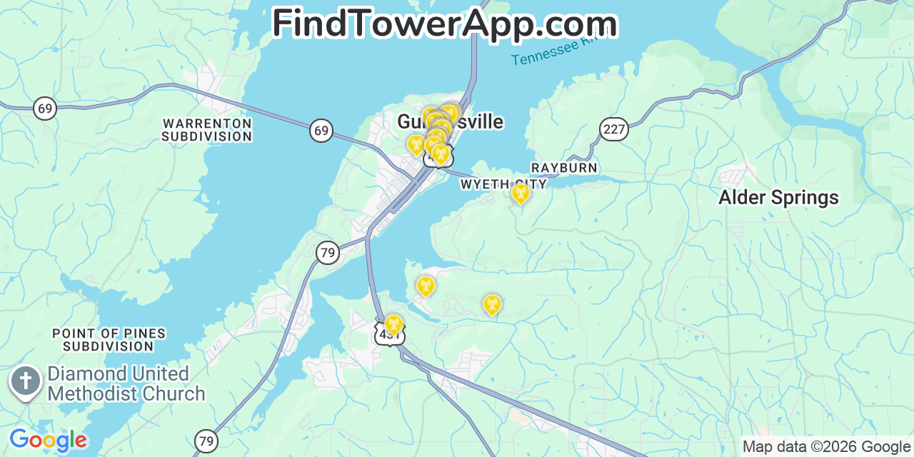 Map showing the 20 primary cell tower locations detected in Guntersville, Alabama from AT&T, Verizon, and T-Mobile networks