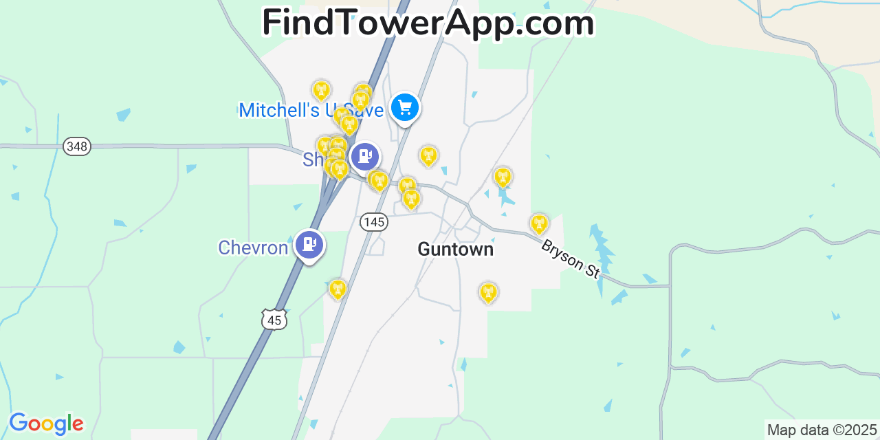 Map showing the 20 primary cell tower locations detected in Guntown, Mississippi from AT&T, Verizon, and T-Mobile networks