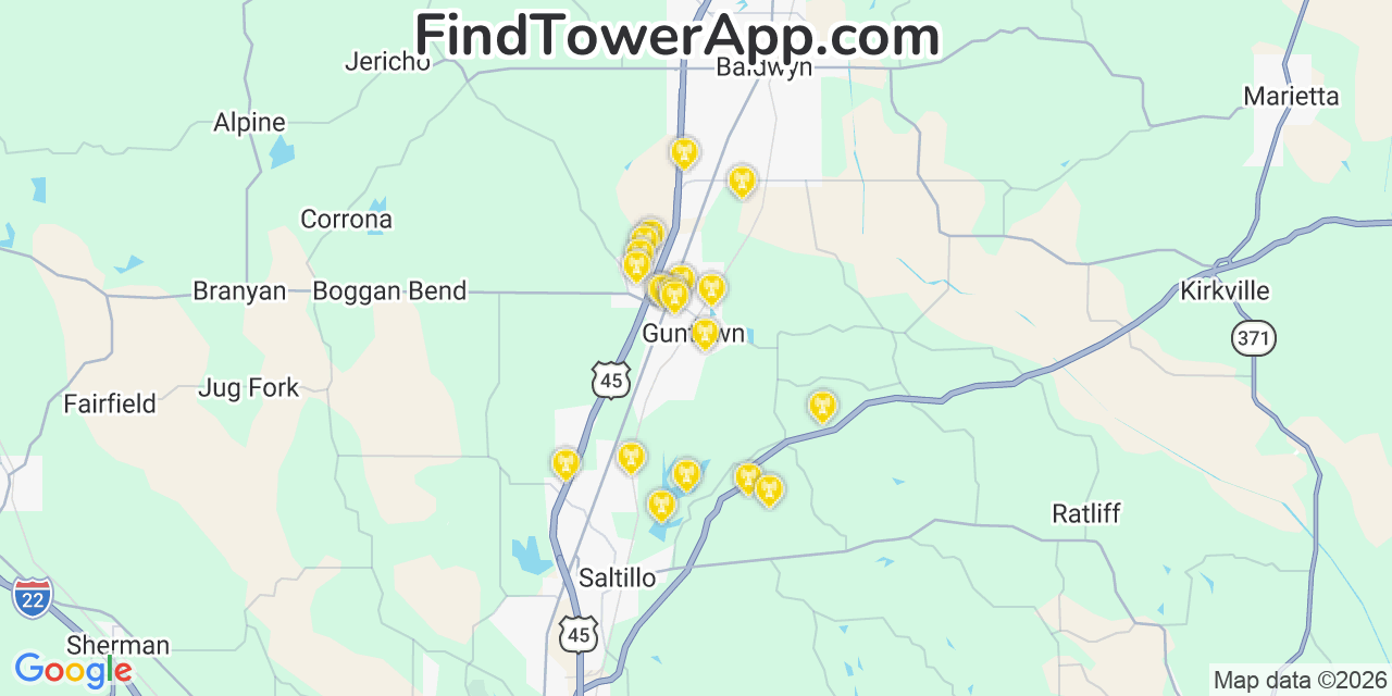 Map showing the 20 primary cell tower locations detected in Guntown, Mississippi from AT&T, Verizon, and T-Mobile networks