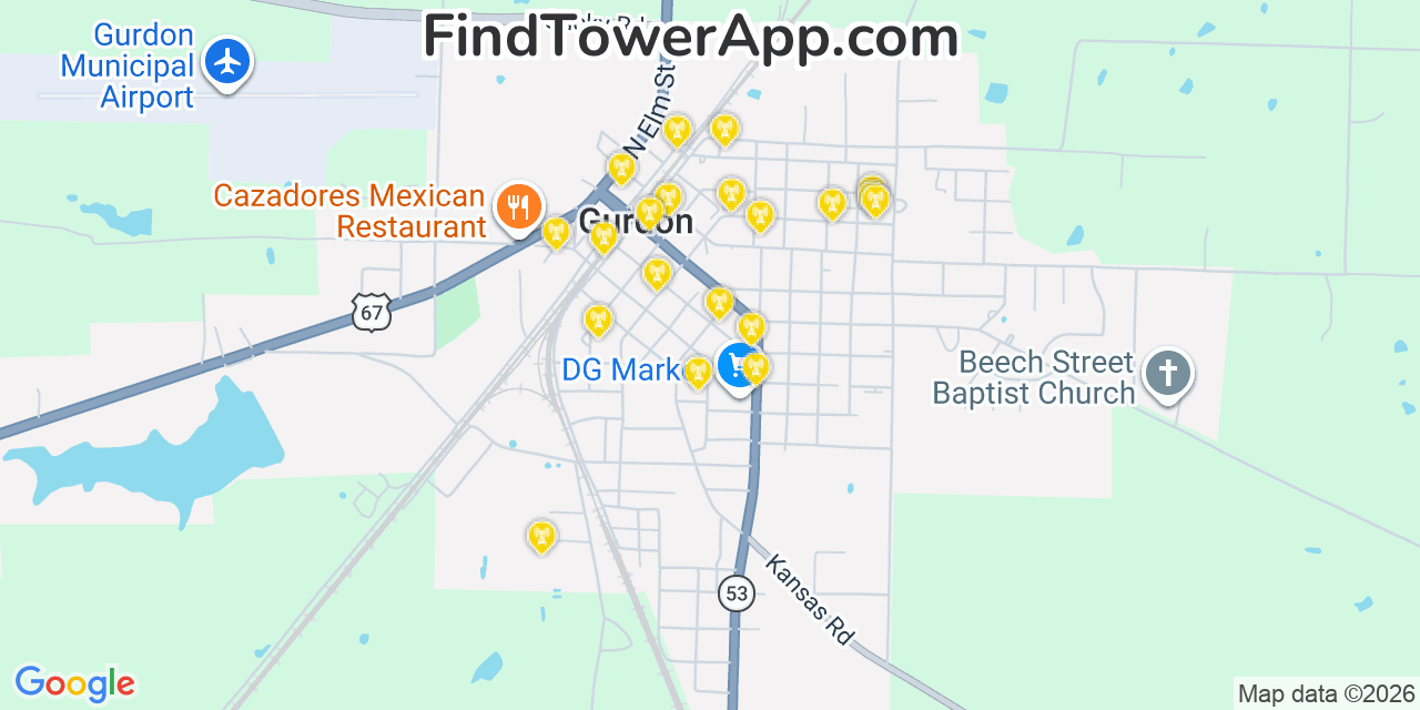 Map showing the 20 primary cell tower locations detected in Gurdon, Arkansas from AT&T, Verizon, and T-Mobile networks
