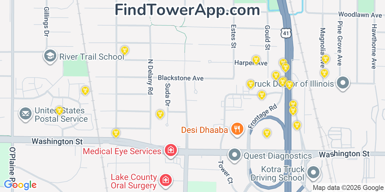 Map showing the 20 primary cell tower locations detected in Gurnee, Illinois from AT&T, Verizon, and T-Mobile networks