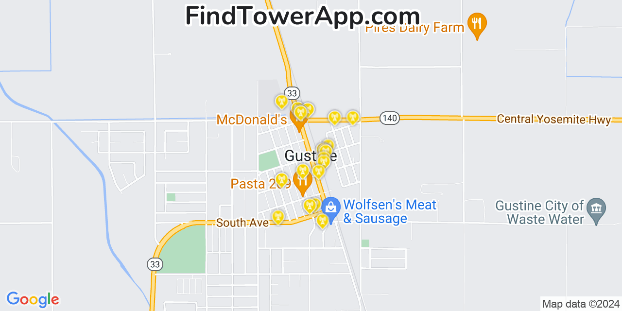 AT&T 4G/5G cell tower coverage map Gustine, California