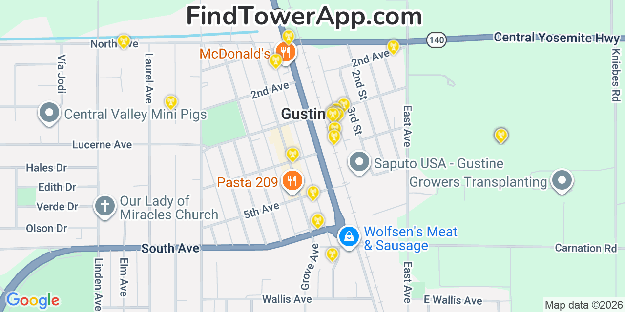 Map showing the 20 primary cell tower locations detected in Gustine, California from AT&T, Verizon, and T-Mobile networks