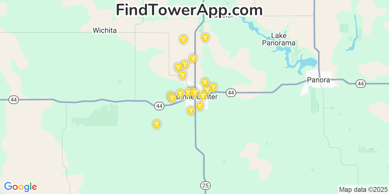 Map showing the 20 primary cell tower locations detected in Guthrie Center, Iowa from AT&T, Verizon, and T-Mobile networks