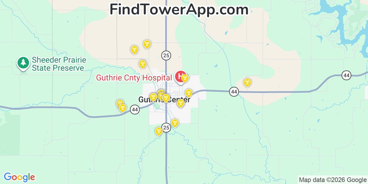 Map showing the 20 primary cell tower locations detected in Guthrie Center, Iowa from AT&T, Verizon, and T-Mobile networks