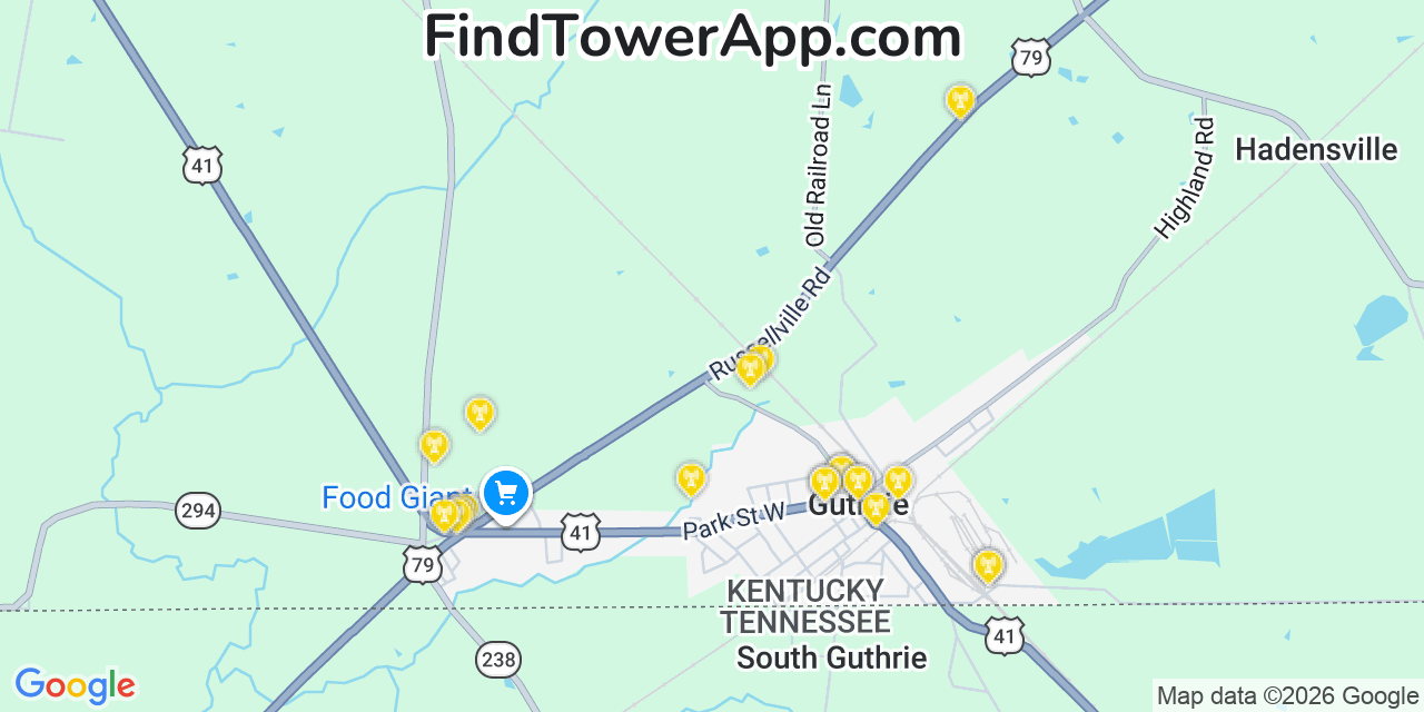 Map showing the 20 primary cell tower locations detected in Guthrie, Kentucky from AT&T, Verizon, and T-Mobile networks