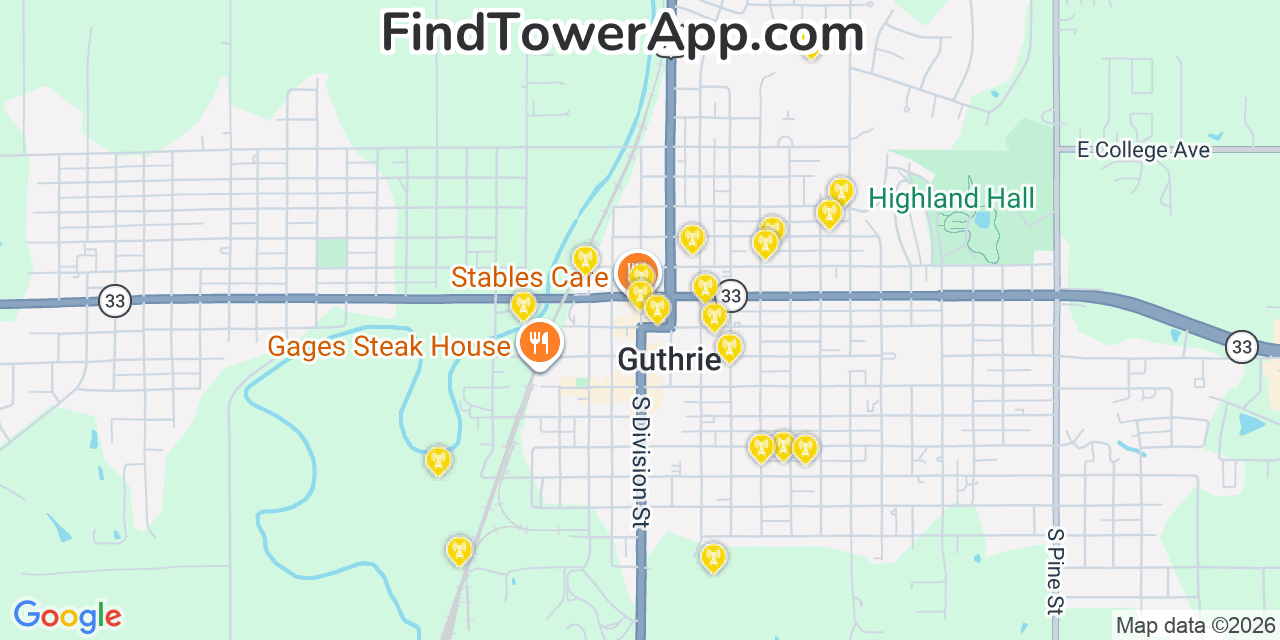 Map showing the 20 primary cell tower locations detected in Guthrie, Oklahoma from AT&T, Verizon, and T-Mobile networks