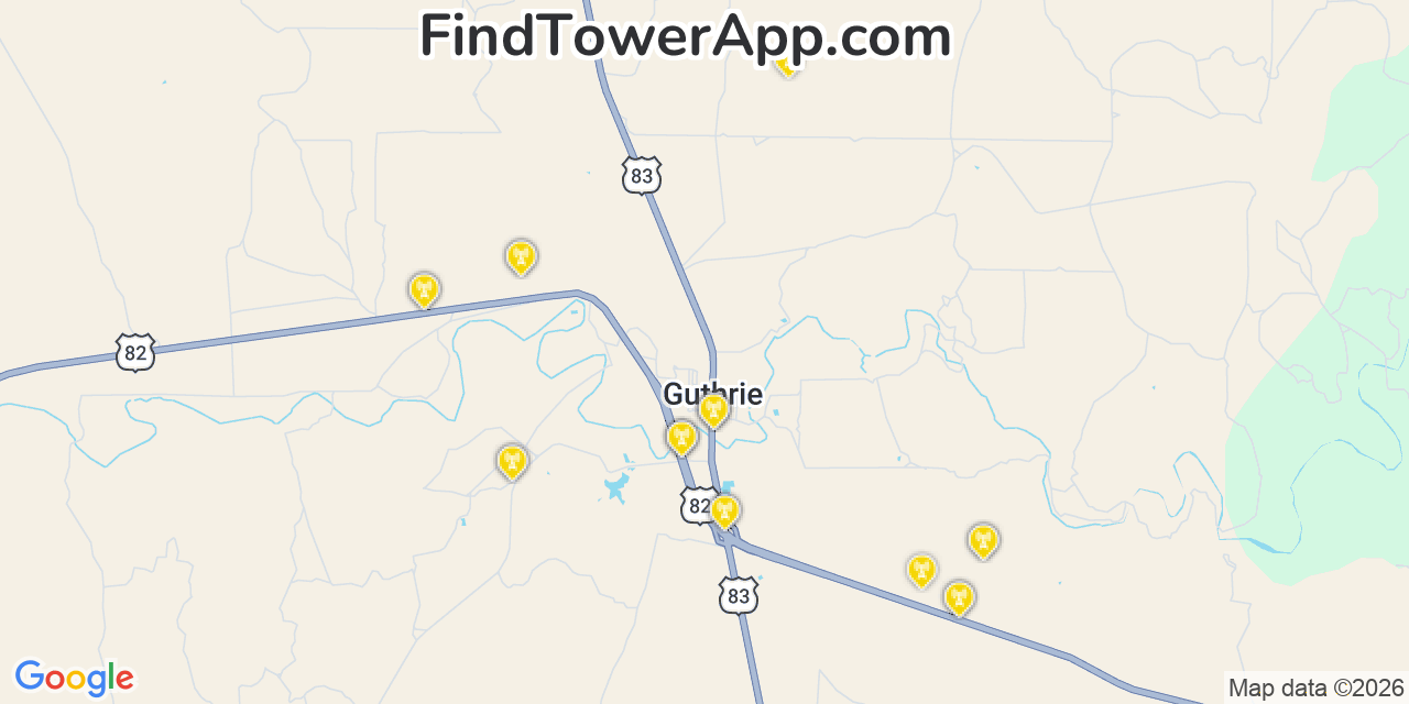 Map showing the 20 primary cell tower locations detected in Guthrie, Texas from AT&T, Verizon, and T-Mobile networks
