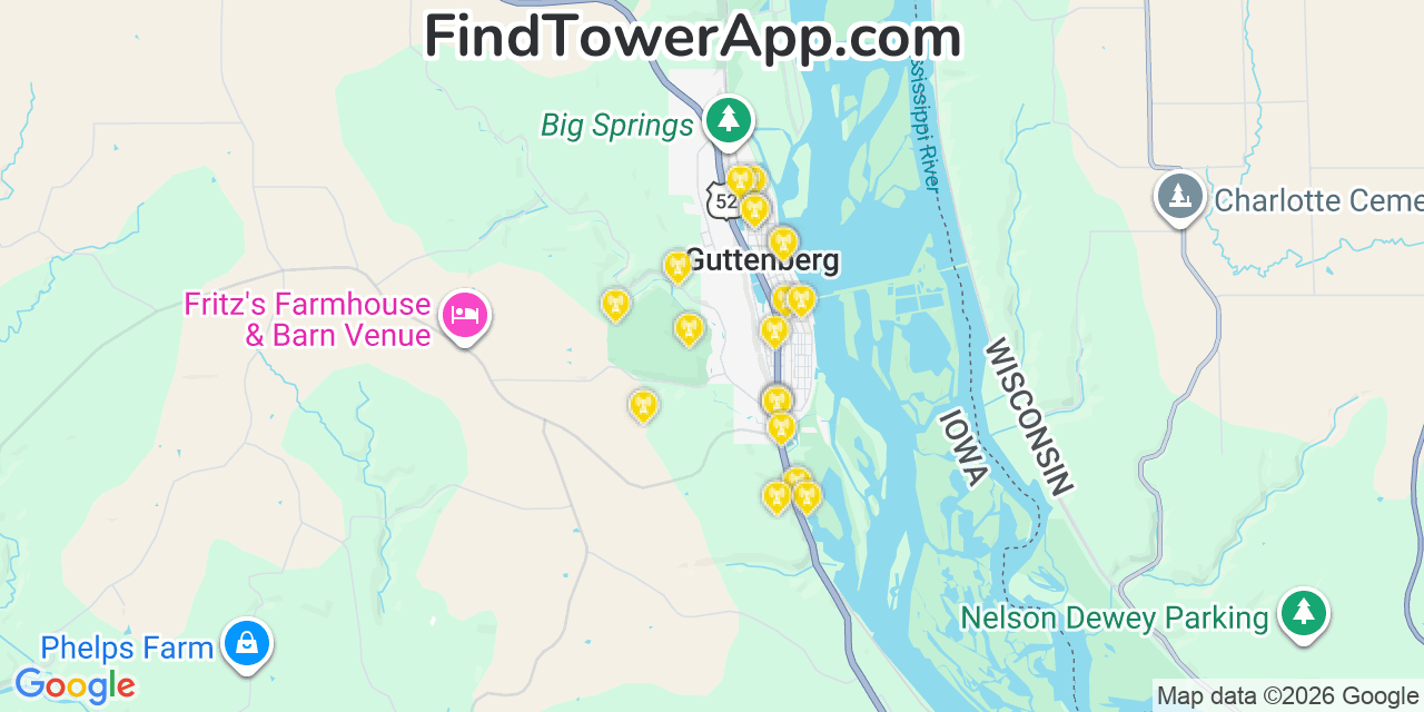 Map showing the 20 primary cell tower locations detected in Guttenberg, Iowa from AT&T, Verizon, and T-Mobile networks