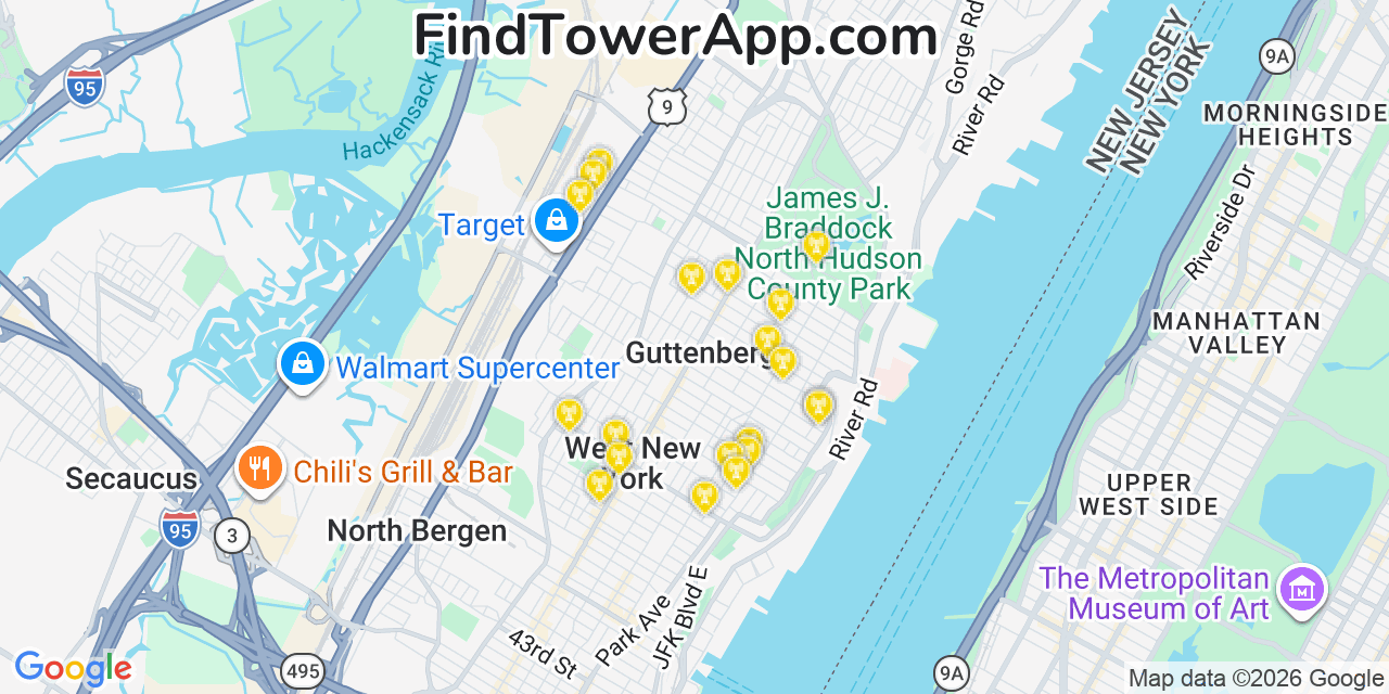Map showing the 20 primary cell tower locations detected in Guttenberg, New Jersey from AT&T, Verizon, and T-Mobile networks