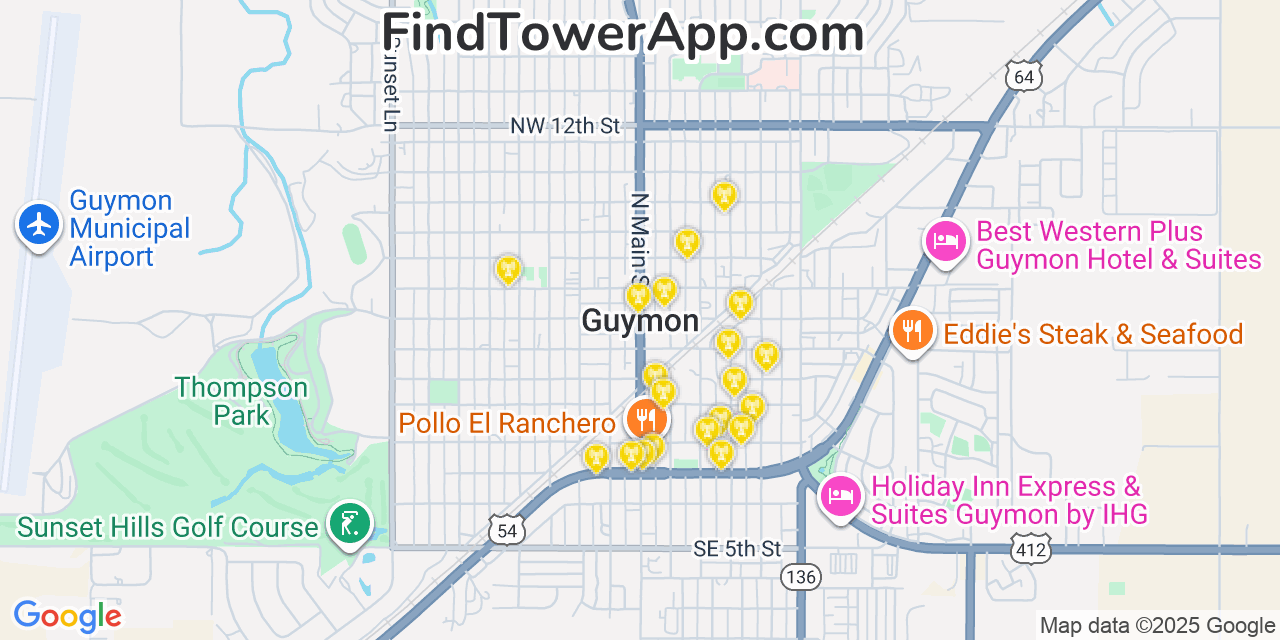 Map showing the 20 primary cell tower locations detected in Guymon, Oklahoma from AT&T, Verizon, and T-Mobile networks