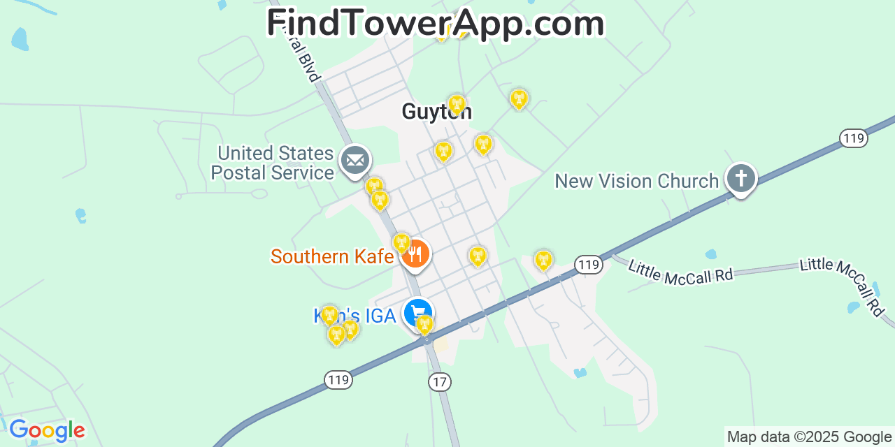 Map showing the 20 primary cell tower locations detected in Guyton, Georgia from AT&T, Verizon, and T-Mobile networks