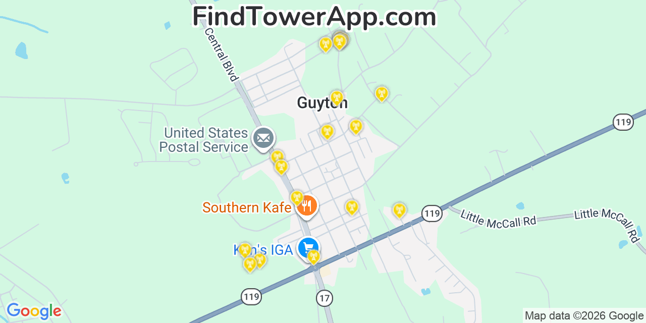 Map showing the 20 primary cell tower locations detected in Guyton, Georgia from AT&T, Verizon, and T-Mobile networks