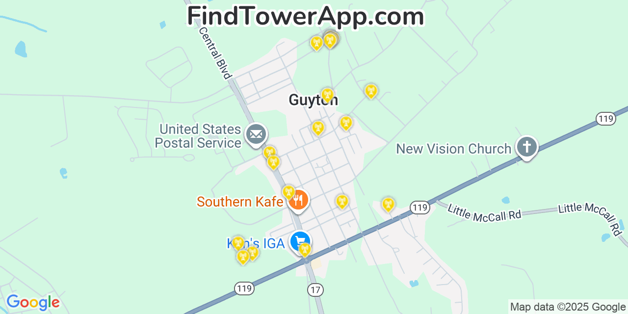 Map showing the 20 primary Mobitel cell tower locations detected in Guyton, Georgia with coverage radius and signal strength indicators