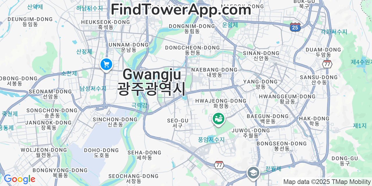 Map showing the 0 primary KT cell tower locations detected in Gwangju, South Korea with coverage radius and signal strength indicators