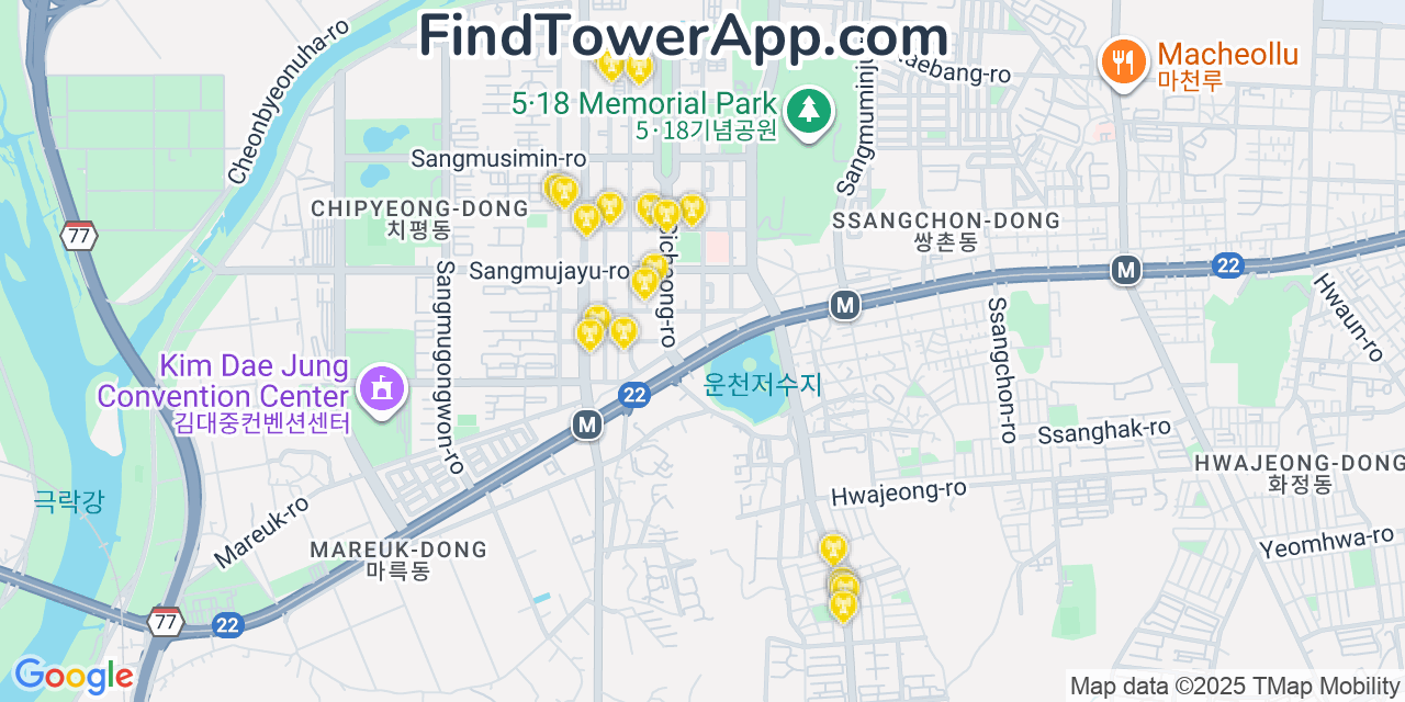 Map showing the 20 primary cell tower locations detected in Gwangju, South Korea with coverage areas and signal strength