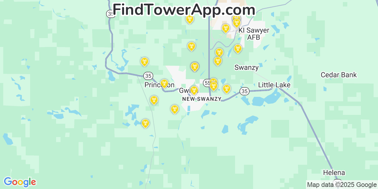 Map showing the 20 primary cell tower locations detected in Gwinn, Michigan from AT&T, Verizon, and T-Mobile networks