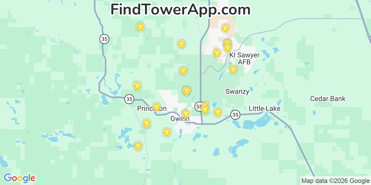 Map showing the 20 primary cell tower locations detected in Gwinn, Michigan from AT&T, Verizon, and T-Mobile networks