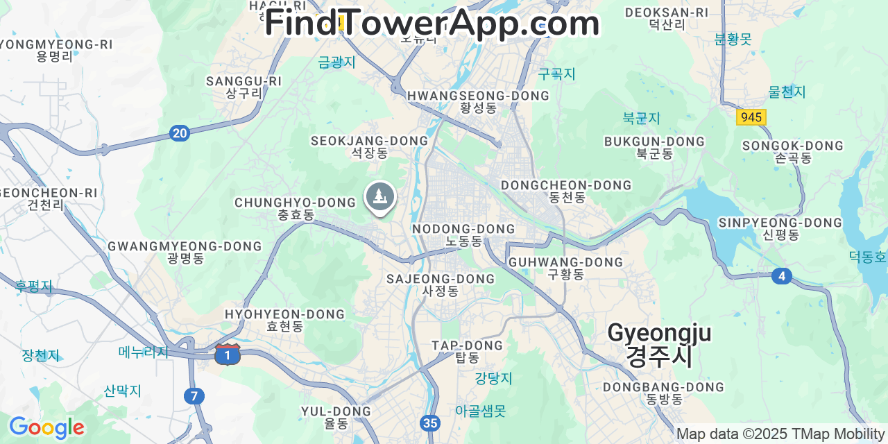 Map showing the 0 primary KT cell tower locations detected in Gyeongju, South Korea with coverage radius and signal strength indicators