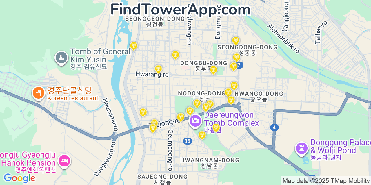 Map showing the 20 primary cell tower locations detected in Gyeongju, South Korea with coverage areas and signal strength