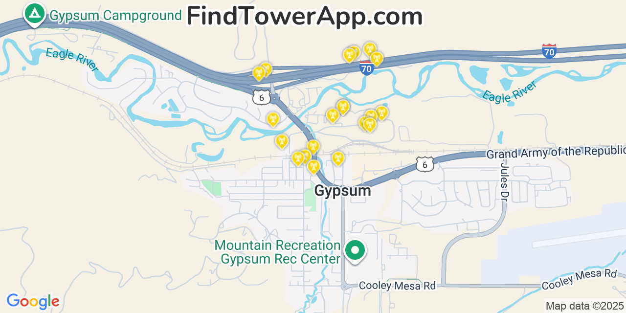 Map showing the 20 primary cell tower locations detected in Gypsum, Colorado from AT&T, Verizon, and T-Mobile networks
