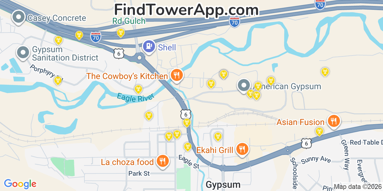 Map showing the 20 primary cell tower locations detected in Gypsum, Colorado from AT&T, Verizon, and T-Mobile networks
